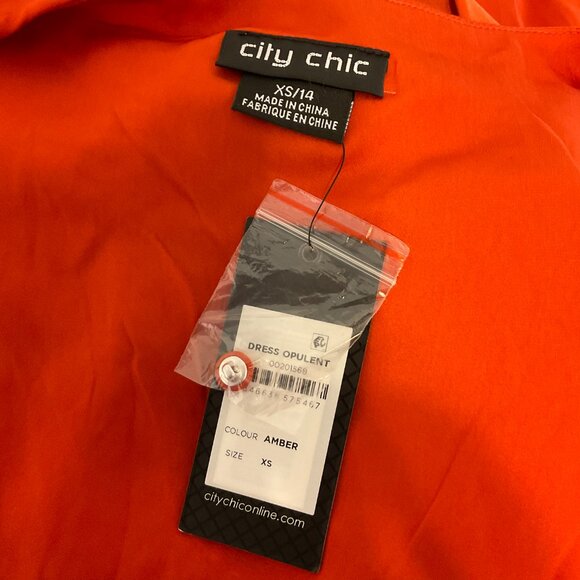 City Chic Opulent Dress XS 14 Orange Amber Crossover Neck Long Sleeve Faux Wrap - Picture 14 of 14